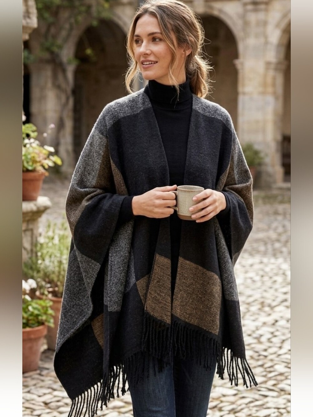 Chic Fringed Color Block Wrap Poncho Black Grey Tan Shawl Cozy Tassels